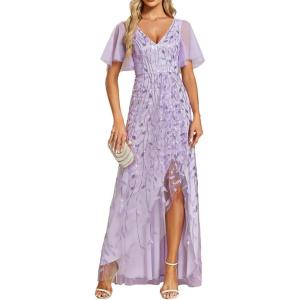 imageEverPretty Womens Shimmery Formal Dress V Neck Sequins ALine Side Slit Elegant Long Evening Dresses 02083Lavender