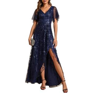 imageEverPretty Womens Shimmery Formal Dress V Neck Sequins ALine Side Slit Elegant Long Evening Dresses 02083Navy Blue