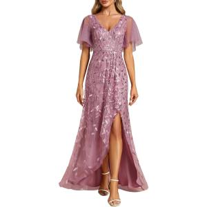 imageEverPretty Womens Shimmery Formal Dress V Neck Sequins ALine Side Slit Elegant Long Evening Dresses 02083Orchid