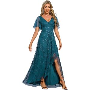imageEverPretty Womens Shimmery Formal Dress V Neck Sequins ALine Side Slit Elegant Long Evening Dresses 02083Teal