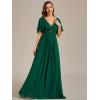 imageEverPretty Womens Chiffon ALine Ruched Short Sleeves Applique Waist V Neck Formal Evening DressesCdeep Green