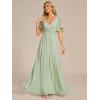 imageEverPretty Womens Chiffon ALine Ruched Short Sleeves Applique Waist V Neck Formal Evening DressesMint Green