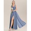 imageEverPretty Womens Elegant VNeck Ruched Draped Split Sleeveless Chiffon A Line Maxi Bridesmaid Dresses 00096Dusty Blue