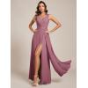 imageEverPretty Womens Elegant VNeck Ruched Draped Split Sleeveless Chiffon A Line Maxi Bridesmaid Dresses 00096Orchid