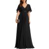 imageEverPretty Womens Chiffon ALine Ruched Short Sleeves Applique Waist V Neck Formal Evening DressesCblack