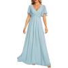 imageEverPretty Womens Chiffon ALine Ruched Short Sleeves Applique Waist V Neck Formal Evening DressesSky Blue