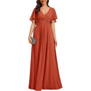 imageEverPretty Womens Chiffon ALine Ruched Short Sleeves Applique Waist V Neck Formal Evening DressesBurnt Orange