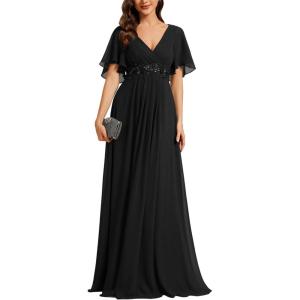imageEverPretty Womens Chiffon ALine Ruched Short Sleeves Applique Waist V Neck Formal Evening DressesCblack