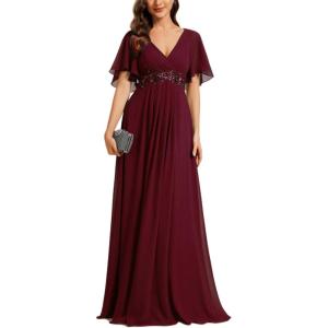 imageEverPretty Womens Chiffon ALine Ruched Short Sleeves Applique Waist V Neck Formal Evening DressesCburgundy