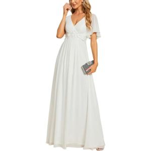 imageEverPretty Womens Chiffon ALine Ruched Short Sleeves Applique Waist V Neck Formal Evening DressesCcream