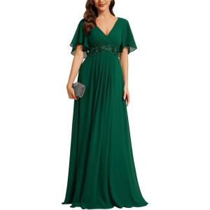 imageEverPretty Womens Chiffon ALine Ruched Short Sleeves Applique Waist V Neck Formal Evening DressesCdeep Green