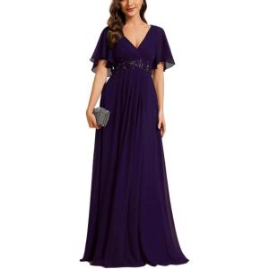 imageEverPretty Womens Chiffon ALine Ruched Short Sleeves Applique Waist V Neck Formal Evening DressesCdeep Purple