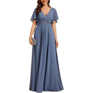 imageEverPretty Womens Chiffon ALine Ruched Short Sleeves Applique Waist V Neck Formal Evening DressesCdusty Blue