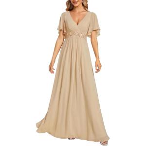 imageEverPretty Womens Chiffon ALine Ruched Short Sleeves Applique Waist V Neck Formal Evening DressesChampagne