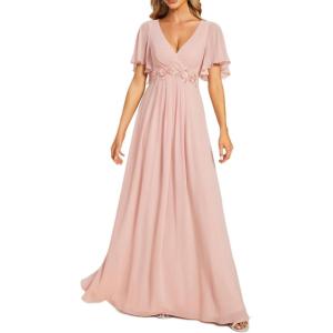 imageEverPretty Womens Chiffon ALine Ruched Short Sleeves Applique Waist V Neck Formal Evening DressesCpink