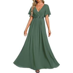 imageEverPretty Womens Chiffon ALine Ruched Short Sleeves Applique Waist V Neck Formal Evening DressesEucalyptus Green
