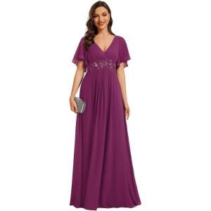 imageEverPretty Womens Chiffon ALine Ruched Short Sleeves Applique Waist V Neck Formal Evening DressesFuchsia