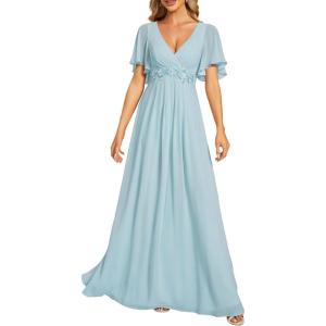 imageEverPretty Womens Chiffon ALine Ruched Short Sleeves Applique Waist V Neck Formal Evening DressesSky Blue