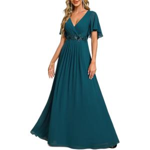 imageEverPretty Womens Chiffon ALine Ruched Short Sleeves Applique Waist V Neck Formal Evening DressesTeal