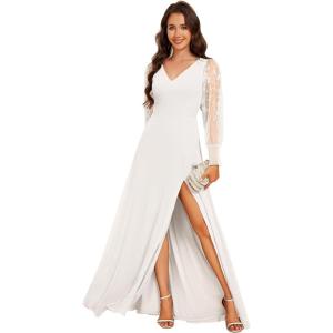imageEverPretty Womens Elegant V Neck Floral Sheer Long Sleeves Slit Chiffon Maxi Evening Dresses 02251White