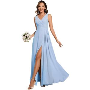 imageEverPretty Womens Elegant VNeck Ruched Draped Split Sleeveless Chiffon A Line Maxi Bridesmaid Dresses 00096Ice Blue