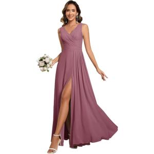 imageEverPretty Womens Elegant VNeck Ruched Draped Split Sleeveless Chiffon A Line Maxi Bridesmaid Dresses 00096Orchid