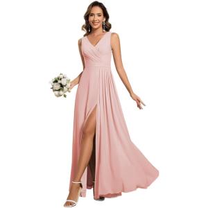 imageEverPretty Womens Elegant VNeck Ruched Draped Split Sleeveless Chiffon A Line Maxi Bridesmaid Dresses 00096Pink