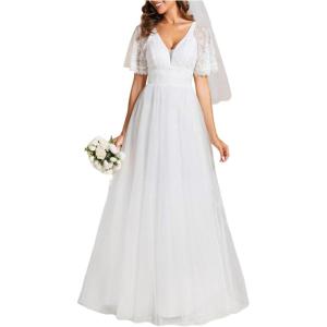 imageEverPretty Womens V Neck Embroidered ALine Short Sleeves Floor Length Wedding Dresses 02039White