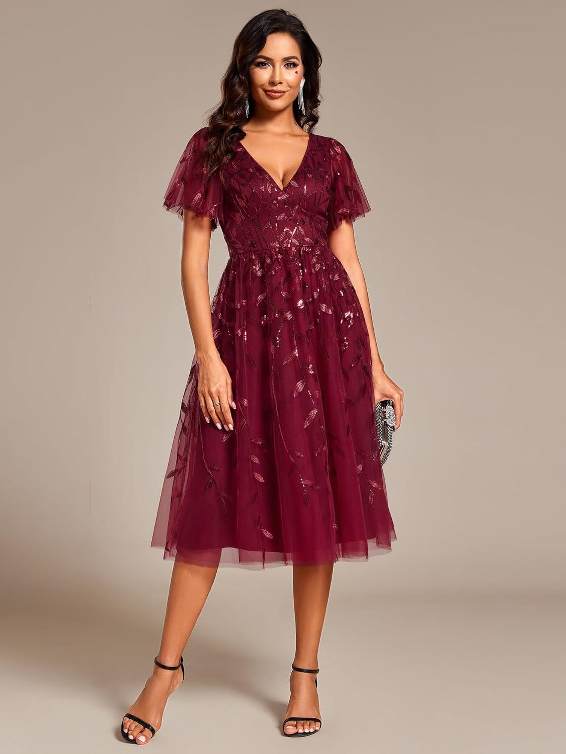 imageEverPretty Womens Elegant A Line Embroidery Short Sleeves Midi Sequin Formal Cocktail Wedding Guest Dress 02230Burgundy