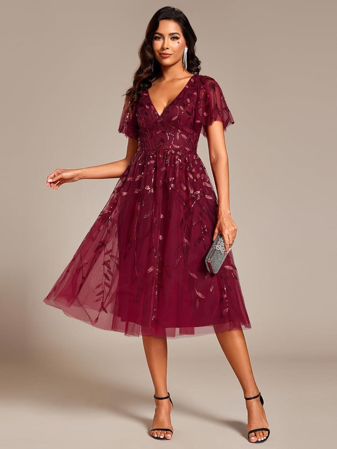 imageEverPretty Womens Elegant A Line Embroidery Short Sleeves Midi Sequin Formal Cocktail Wedding Guest Dress 02230Burgundy