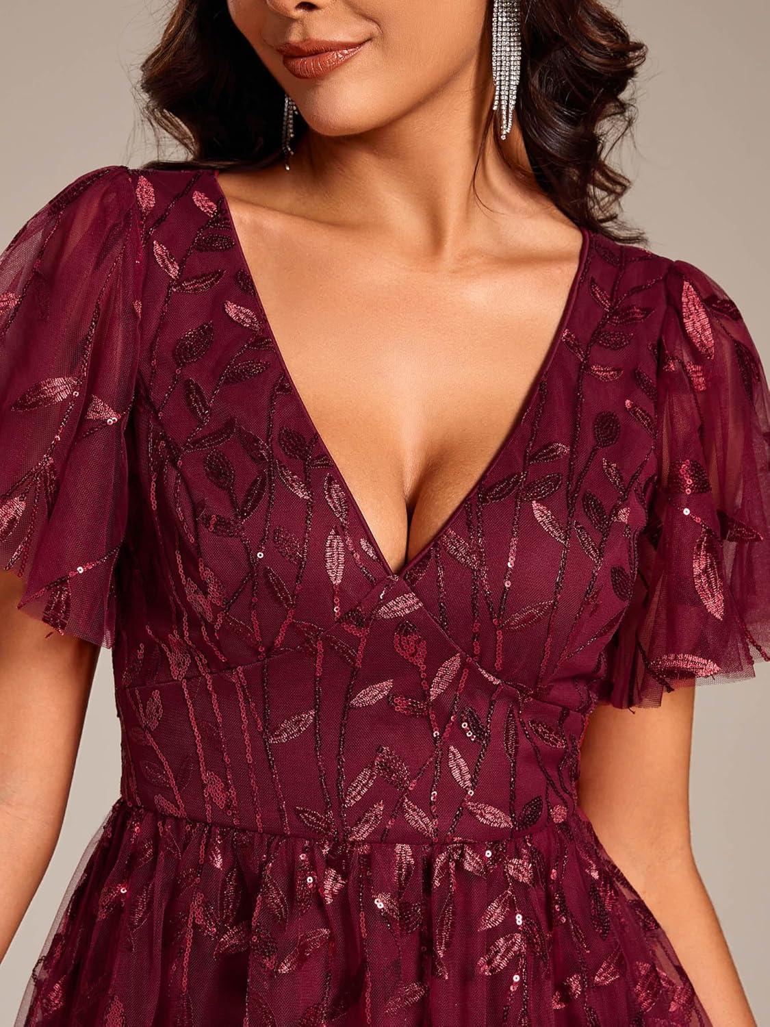 imageEverPretty Womens Elegant A Line Embroidery Short Sleeves Midi Sequin Formal Cocktail Wedding Guest Dress 02230Burgundy