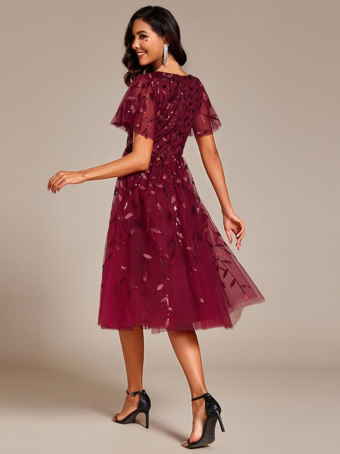 imageEverPretty Womens Elegant A Line Embroidery Short Sleeves Midi Sequin Formal Cocktail Wedding Guest Dress 02230Burgundy