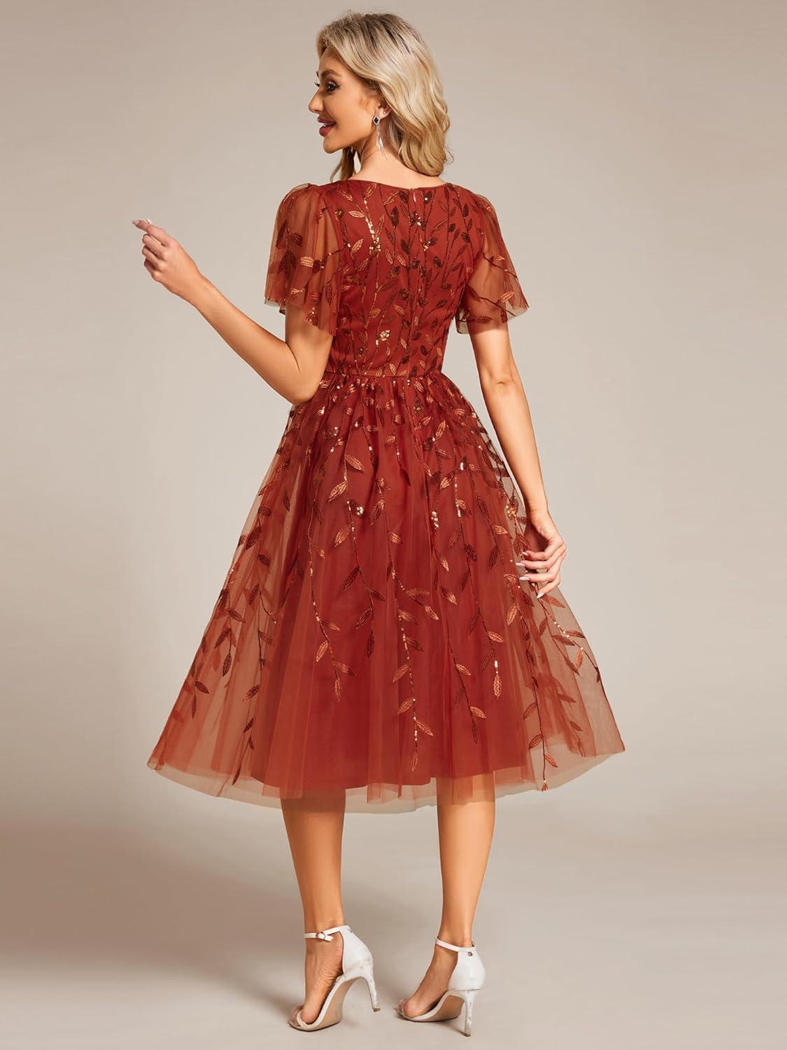 imageEverPretty Womens Elegant A Line Embroidery Short Sleeves Midi Sequin Formal Cocktail Wedding Guest Dress 02230Burntorange