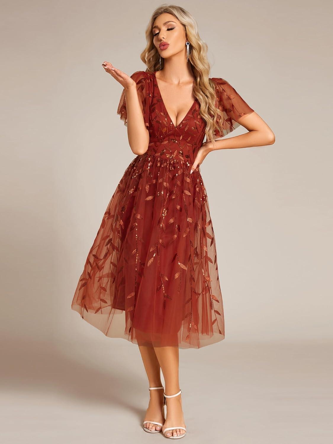 imageEverPretty Womens Elegant A Line Embroidery Short Sleeves Midi Sequin Formal Cocktail Wedding Guest Dress 02230Burntorange