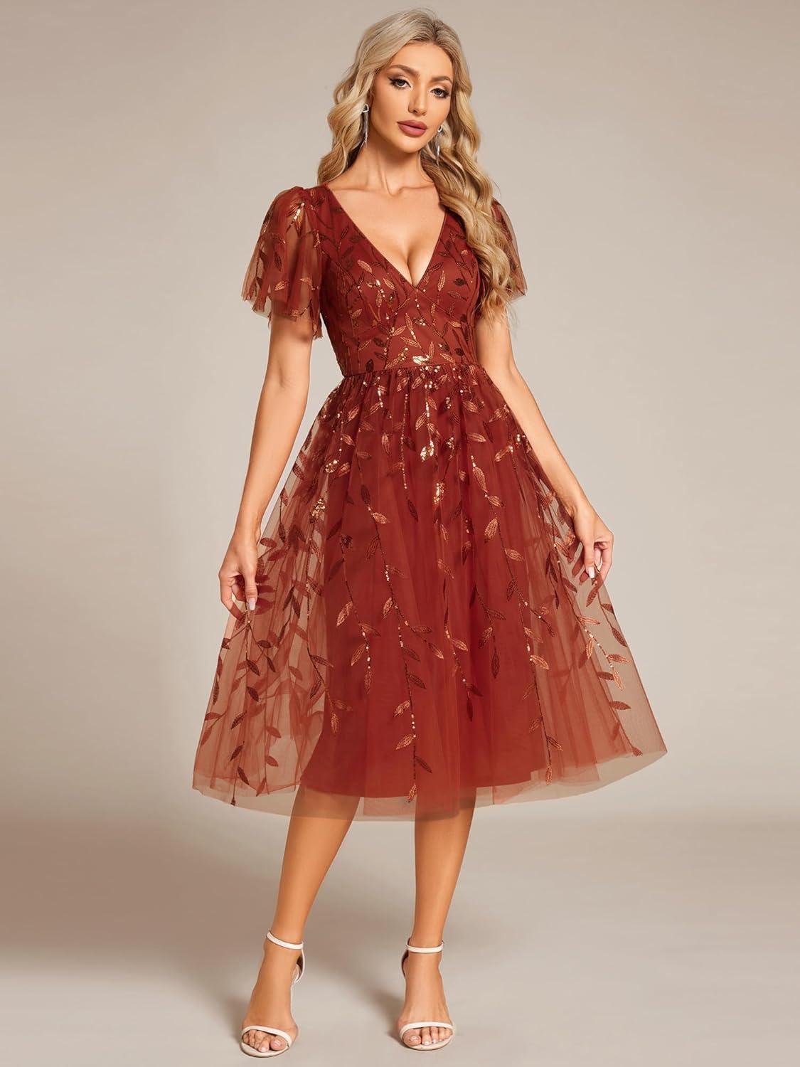 imageEverPretty Womens Elegant A Line Embroidery Short Sleeves Midi Sequin Formal Cocktail Wedding Guest Dress 02230Burntorange