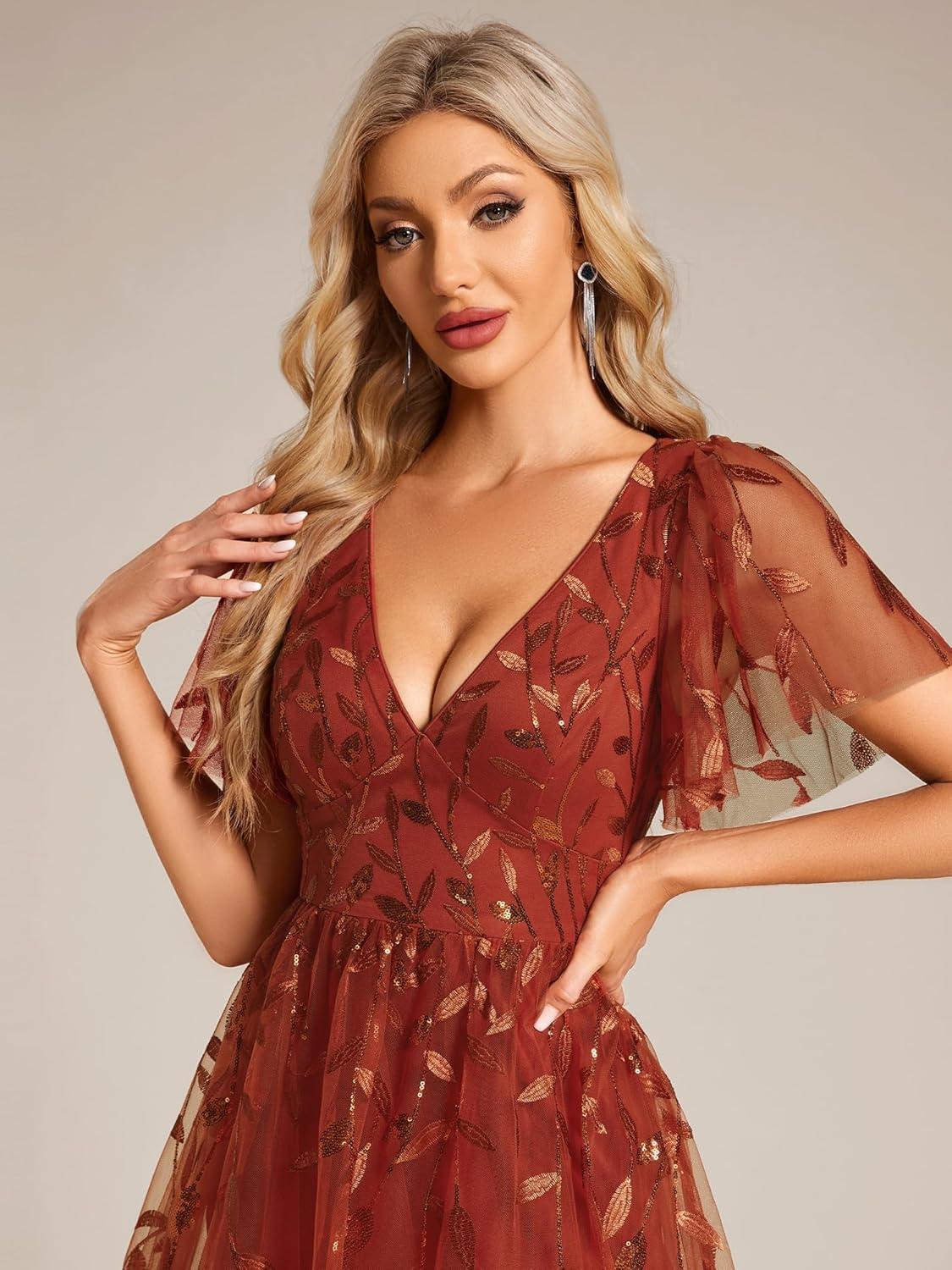 imageEverPretty Womens Elegant A Line Embroidery Short Sleeves Midi Sequin Formal Cocktail Wedding Guest Dress 02230Burntorange