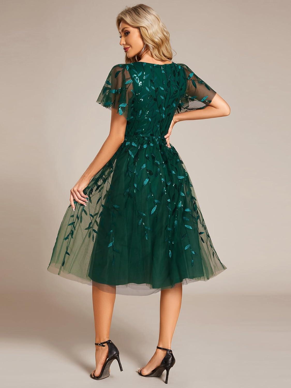imageEverPretty Womens Elegant A Line Embroidery Short Sleeves Midi Sequin Formal Cocktail Wedding Guest Dress 02230Dark Green