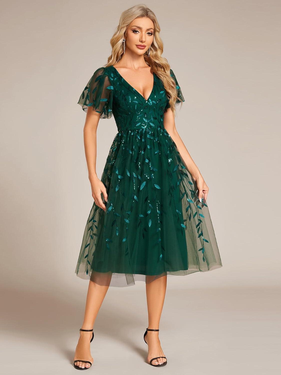 imageEverPretty Womens Elegant A Line Embroidery Short Sleeves Midi Sequin Formal Cocktail Wedding Guest Dress 02230Dark Green