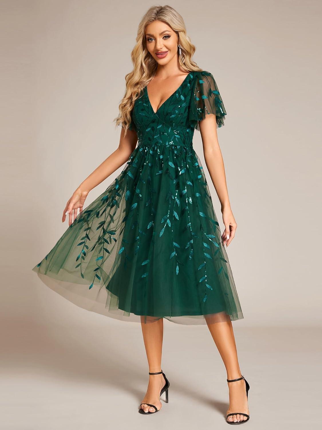 imageEverPretty Womens Elegant A Line Embroidery Short Sleeves Midi Sequin Formal Cocktail Wedding Guest Dress 02230Dark Green