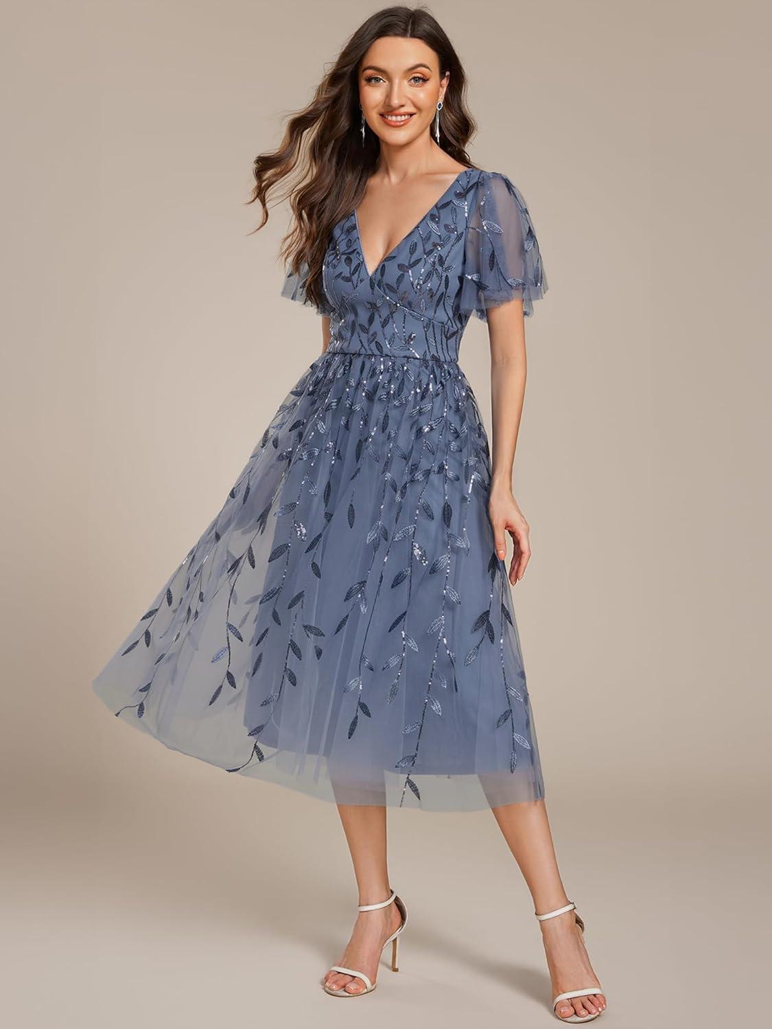 imageEverPretty Womens Elegant A Line Embroidery Short Sleeves Midi Sequin Formal Cocktail Wedding Guest Dress 02230Dusty Blue