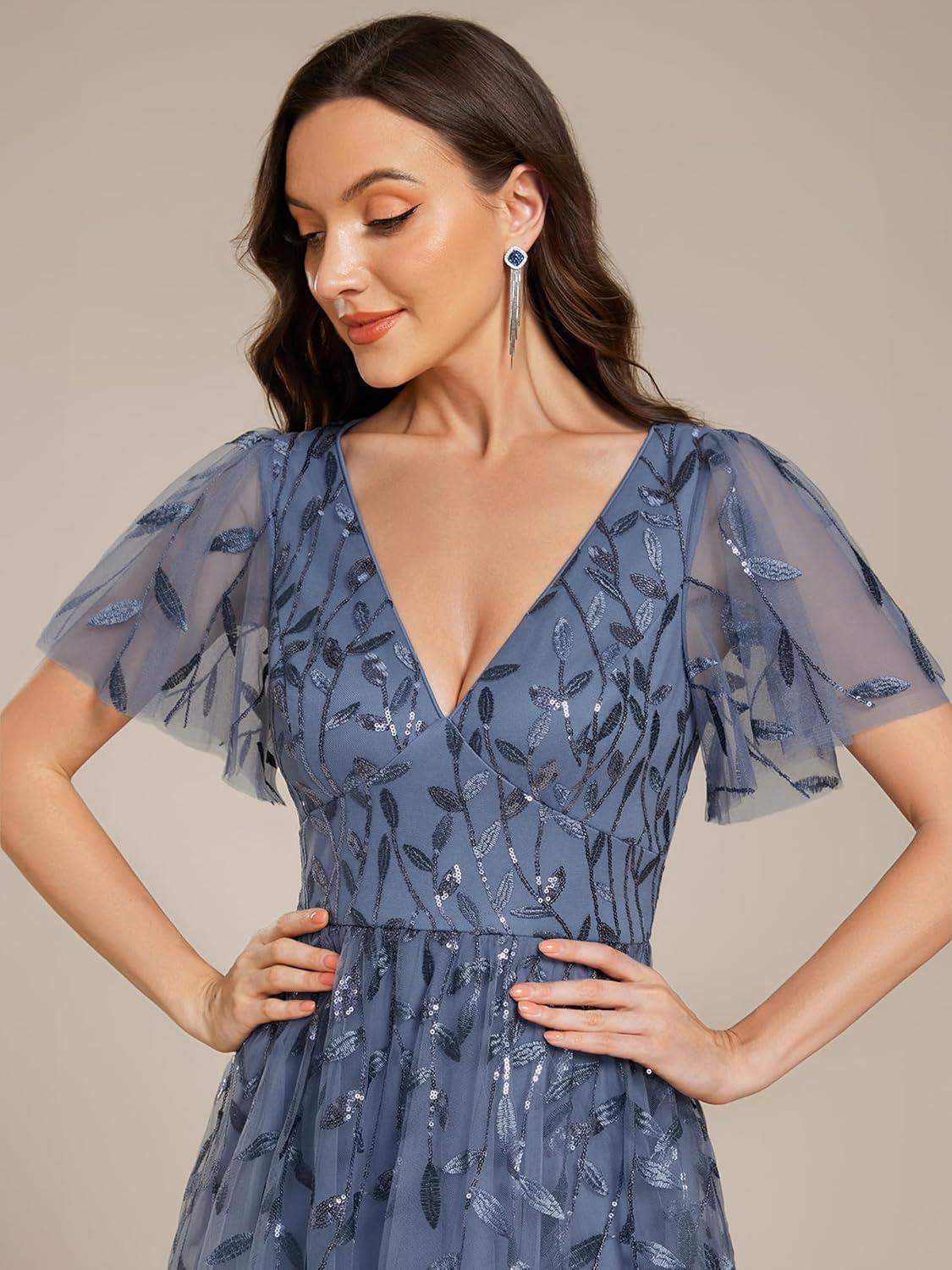 imageEverPretty Womens Elegant A Line Embroidery Short Sleeves Midi Sequin Formal Cocktail Wedding Guest Dress 02230Dusty Blue