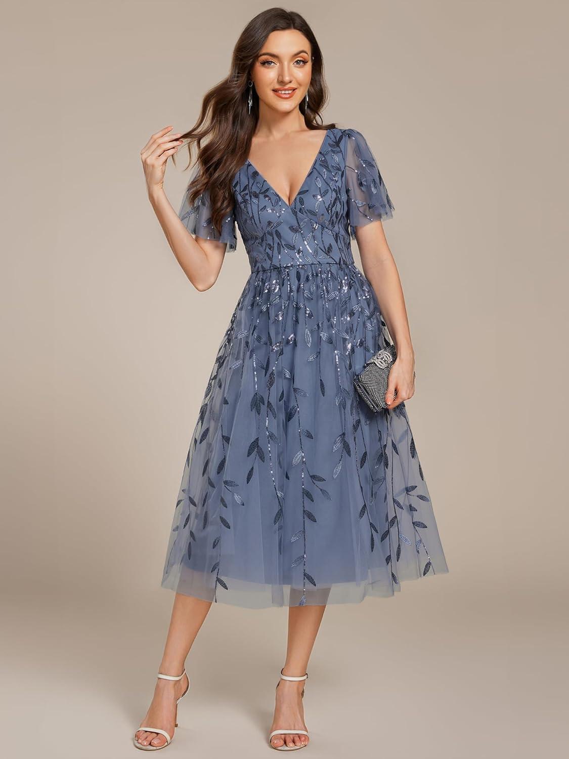 imageEverPretty Womens Elegant A Line Embroidery Short Sleeves Midi Sequin Formal Cocktail Wedding Guest Dress 02230Dusty Blue