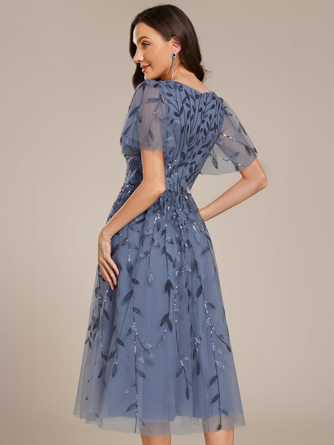 imageEverPretty Womens Elegant A Line Embroidery Short Sleeves Midi Sequin Formal Cocktail Wedding Guest Dress 02230Dusty Blue