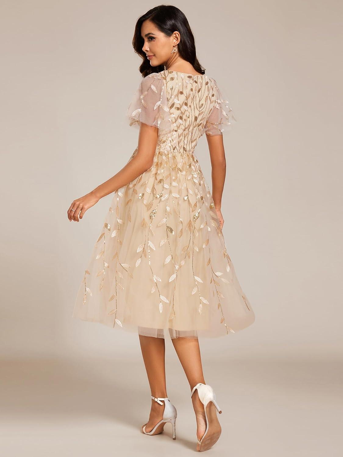 imageEverPretty Womens Elegant A Line Embroidery Short Sleeves Midi Sequin Formal Cocktail Wedding Guest Dress 02230Gold