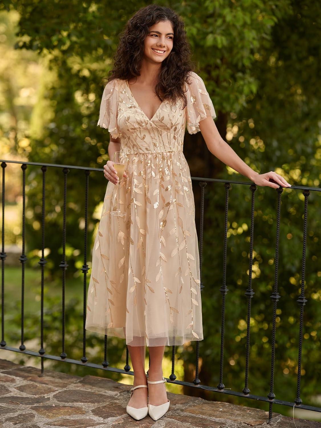 imageEverPretty Womens Elegant A Line Embroidery Short Sleeves Midi Sequin Formal Cocktail Wedding Guest Dress 02230Gold