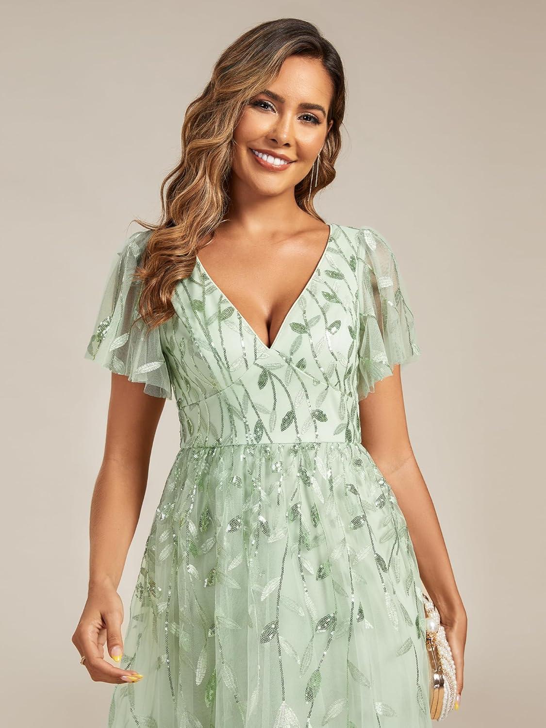 imageEverPretty Womens Elegant A Line Embroidery Short Sleeves Midi Sequin Formal Cocktail Wedding Guest Dress 02230Mint Green