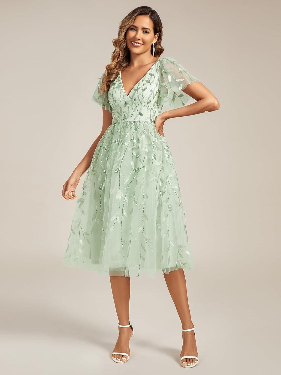 imageEverPretty Womens Elegant A Line Embroidery Short Sleeves Midi Sequin Formal Cocktail Wedding Guest Dress 02230Mint Green