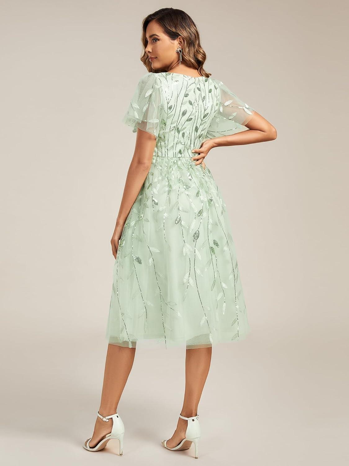 imageEverPretty Womens Elegant A Line Embroidery Short Sleeves Midi Sequin Formal Cocktail Wedding Guest Dress 02230Mint Green