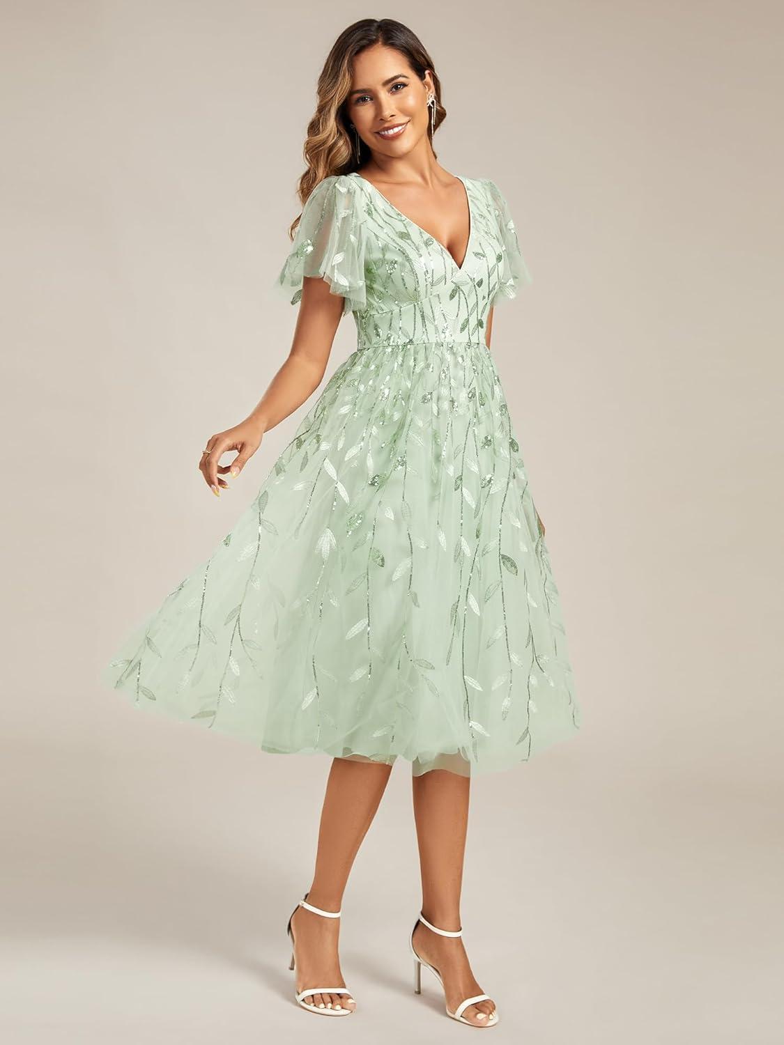 imageEverPretty Womens Elegant A Line Embroidery Short Sleeves Midi Sequin Formal Cocktail Wedding Guest Dress 02230Mint Green