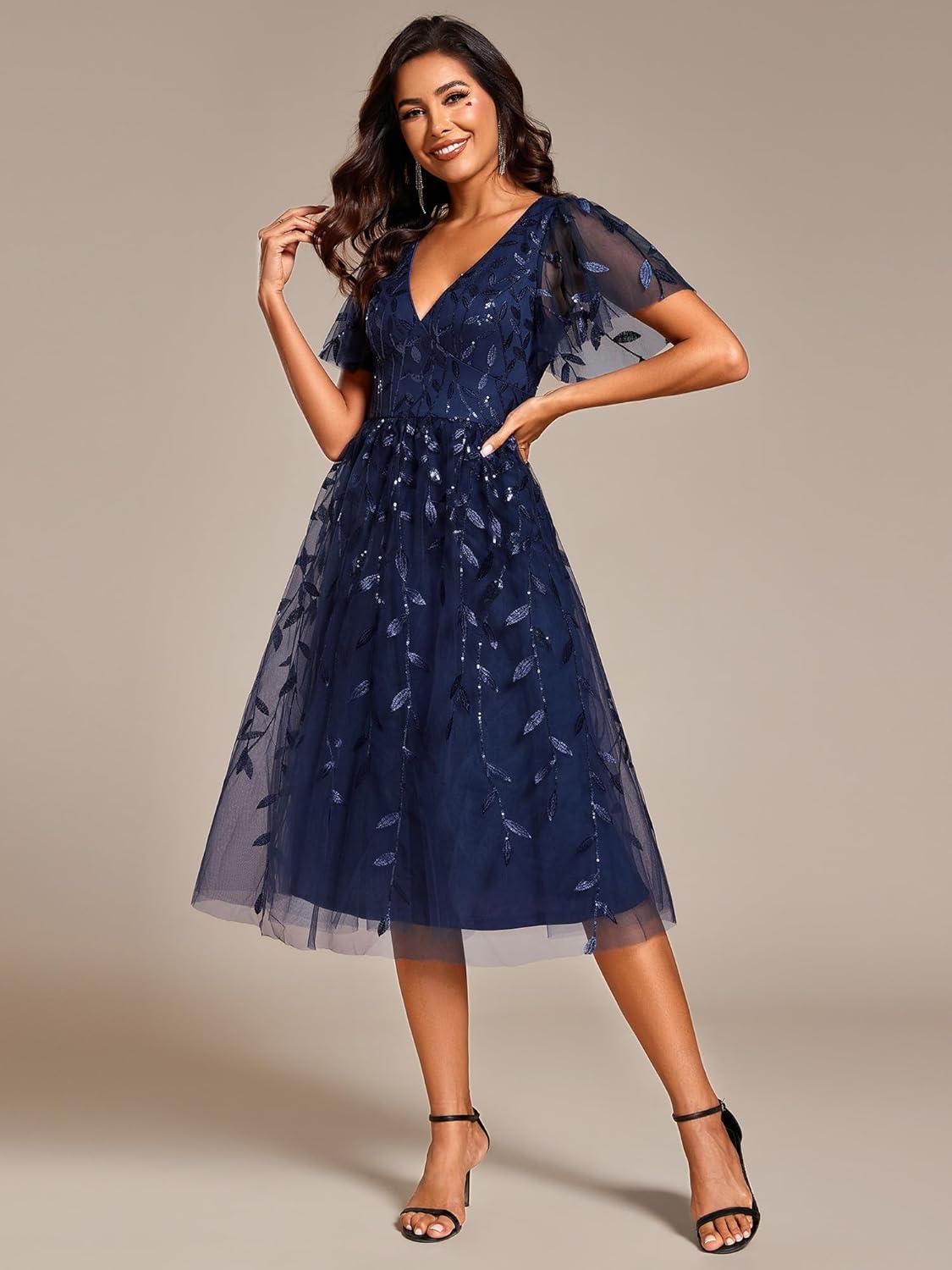 imageEverPretty Womens Elegant A Line Embroidery Short Sleeves Midi Sequin Formal Cocktail Wedding Guest Dress 02230Navyblue